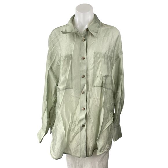 Urban Revivo Women's Sage Green Long Sleeve Collared Button Down Shirt Top Sz 4 - Picture 1 of 4